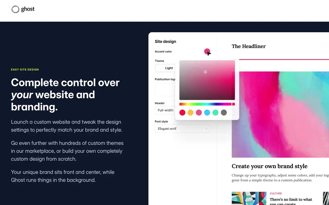 Ghost CMS webpage, promoting part of it's services.